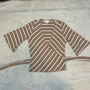 Socialite Striped Wrap Top Women’s Medium Brown & White Bell Sleeve Tie Waist